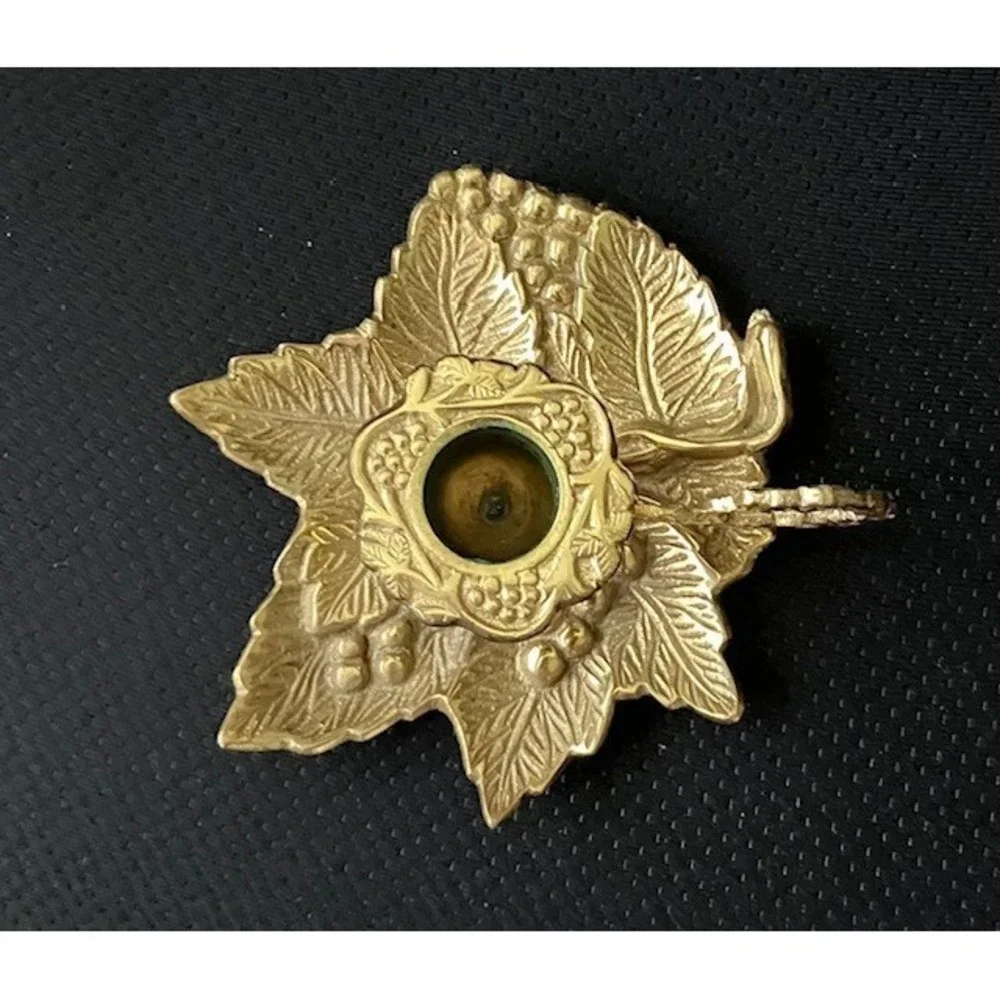 VTG Solid Brass Chamberstick Candle Holder Grape Leaf Cluster Design Loop Handle